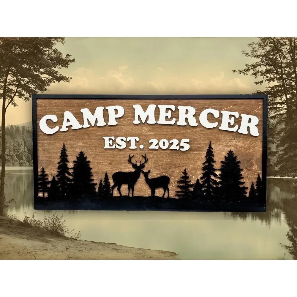 Custom Camp Sign Deer & Trees Personalized Cabin Lake House River Hunting Decor